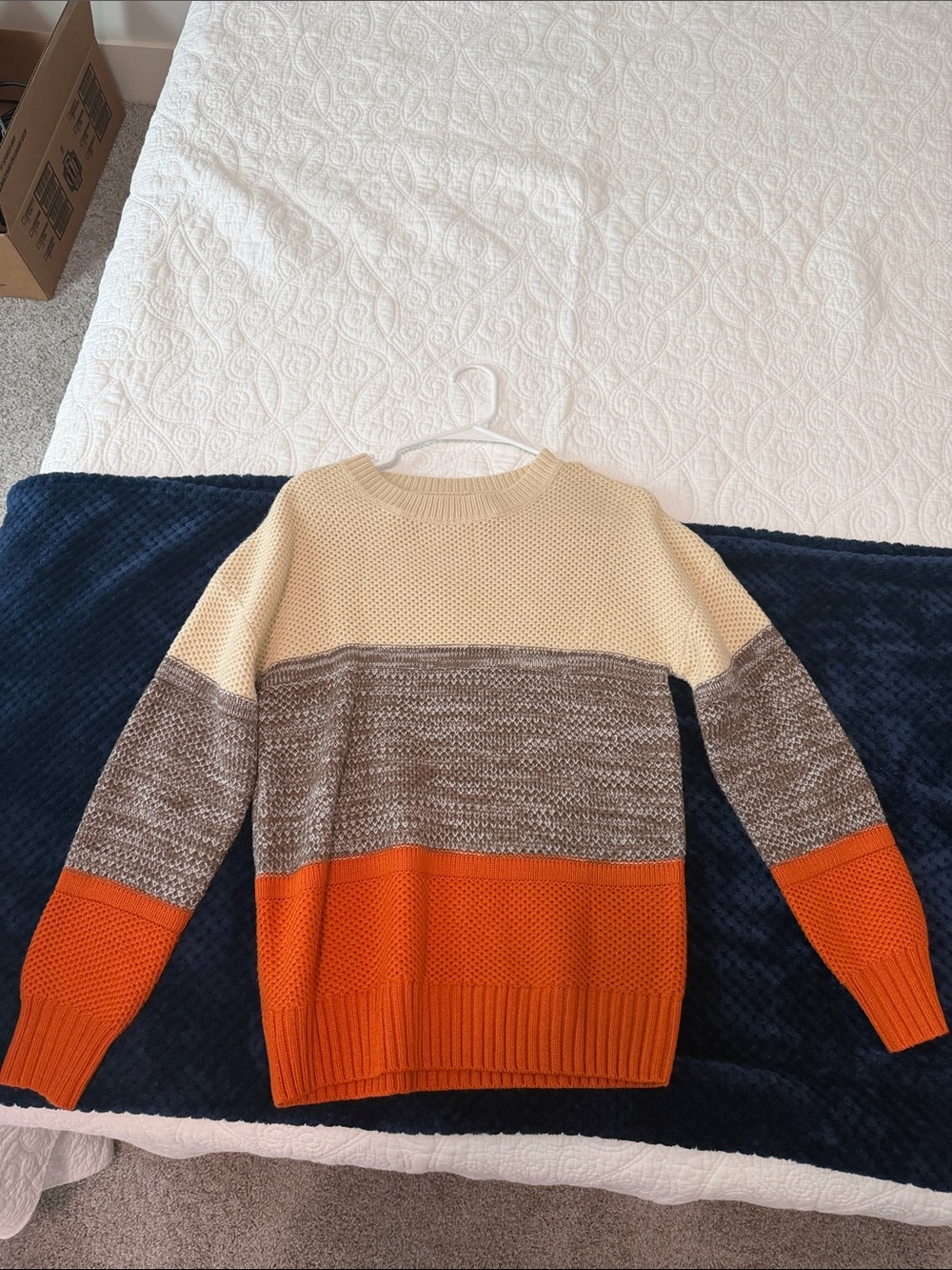 Colorblock Crewneck Sweater in Cream, Gray, and Orange
